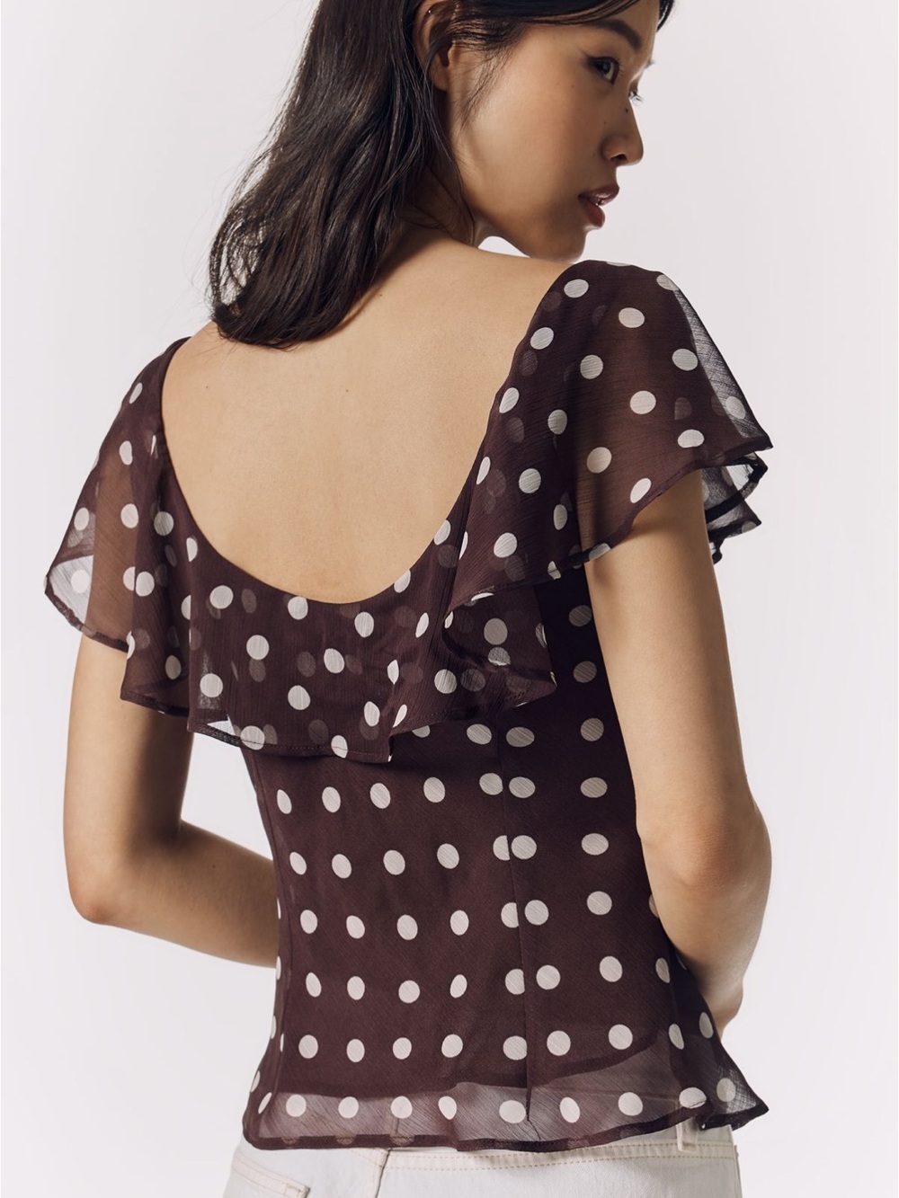 Anthropologie Brown Polka Dot Ruffle Sleeve V-Neck Top - Picture 5 of 5
